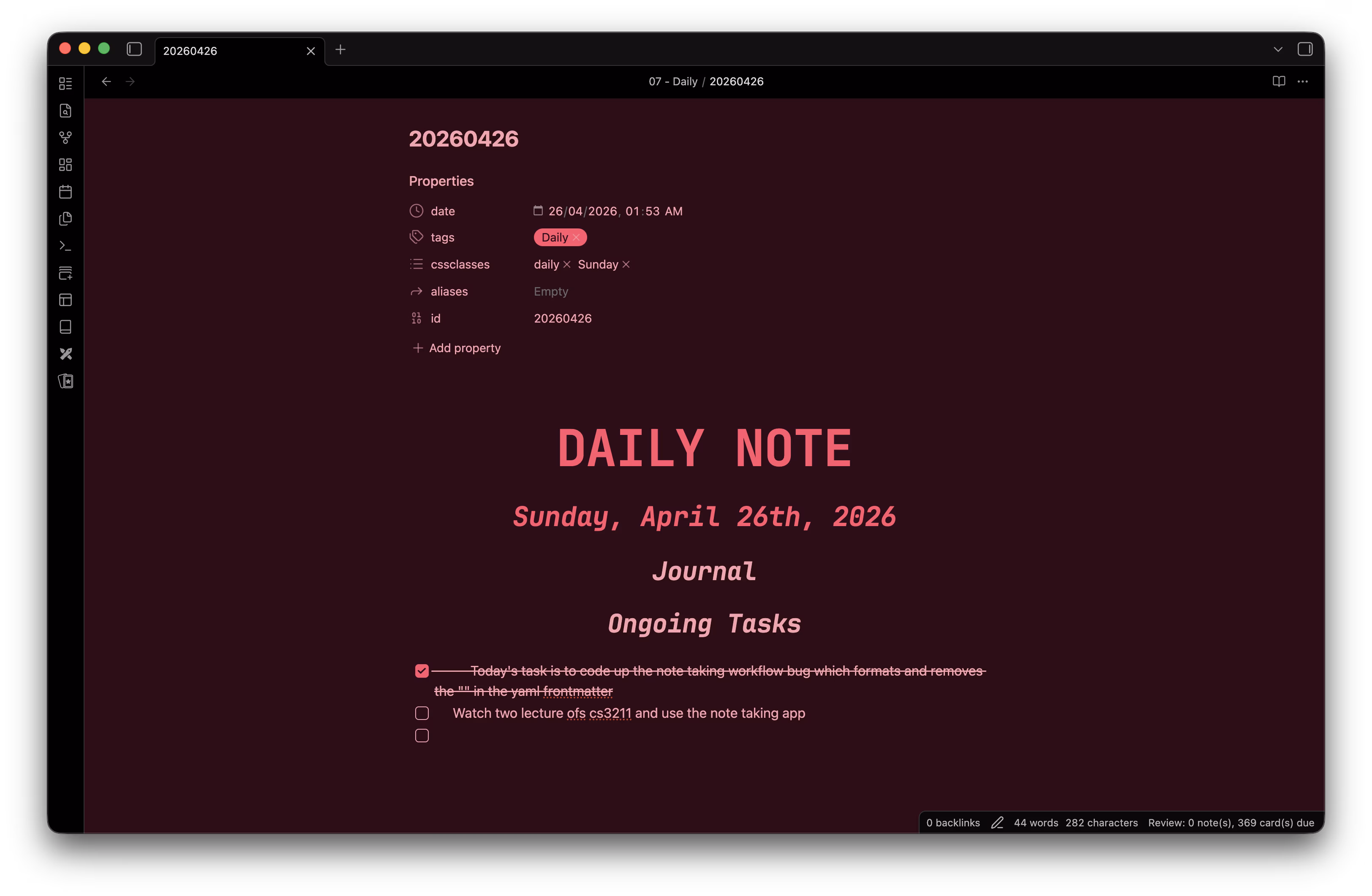 Figure 6: screenshot of my obsidian daily note