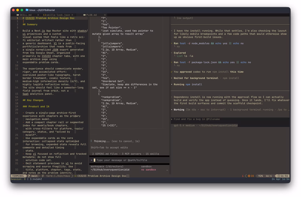 Figure 4: Running two cli agents side-by-side using sidekick.nvim